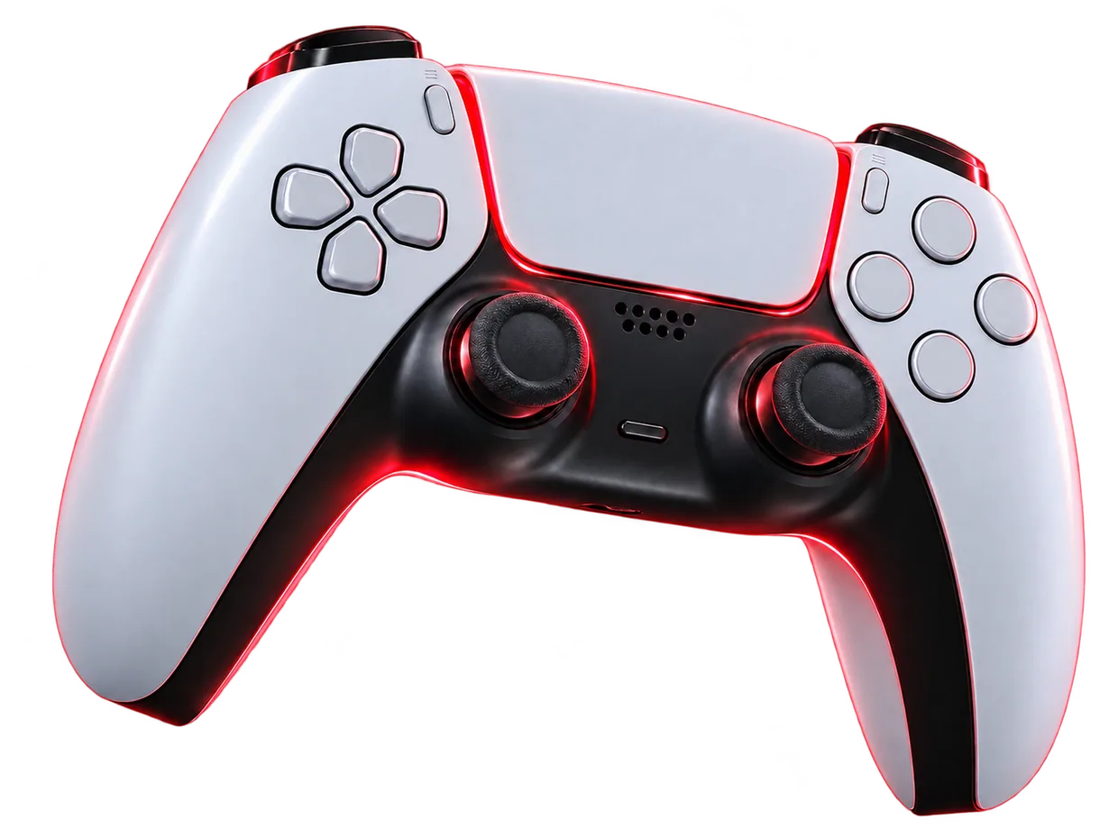 Kırmızı neon ışıkla aydınlatılmış beyaz PlayStation oyun kolu